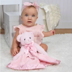 Bearington Baby Huggie Bear Snuggler, 15 Inch Pink Teddy Plush Stuffed Animal Security Blanket Lovey For Babies