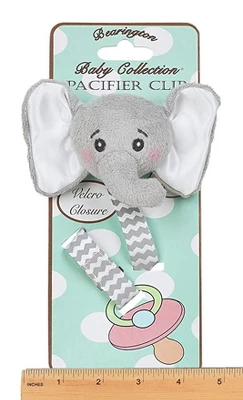 Bearington Baby Lil Spout Plush Gray Elephant Pacifier Holder With Satin Leash And Clip