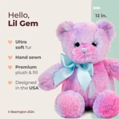 Bearington Rainbow Teddy Bear: Lil Gem Bear, Handsewn 12" Plush Animal In Rainbow Pink, Blue And Purple