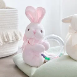 Bearington Baby Cottontail Plush Stuffed Animal Pink Bunny Shaker Toy Ring Rattle, 5.5"